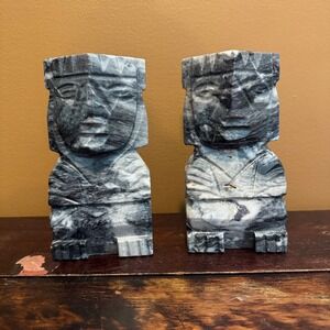 Carved Black and Grey‎ Onyx Stone Aztec Tiki Heavy Bookends